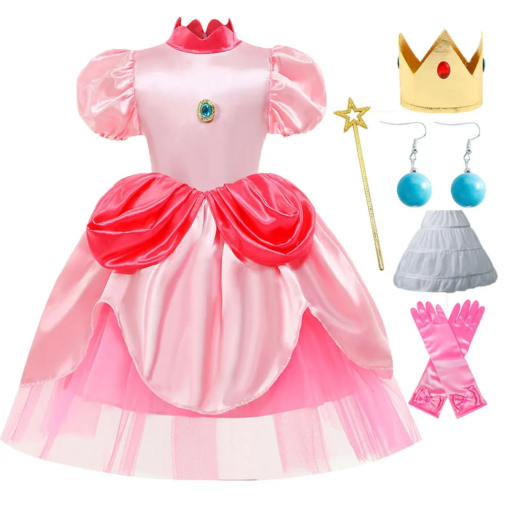 Peach Princess Cosplay Costume Halloween Maid Christmas Pink Fancy Children Dresses Super Game Party Retro Queen Outfits