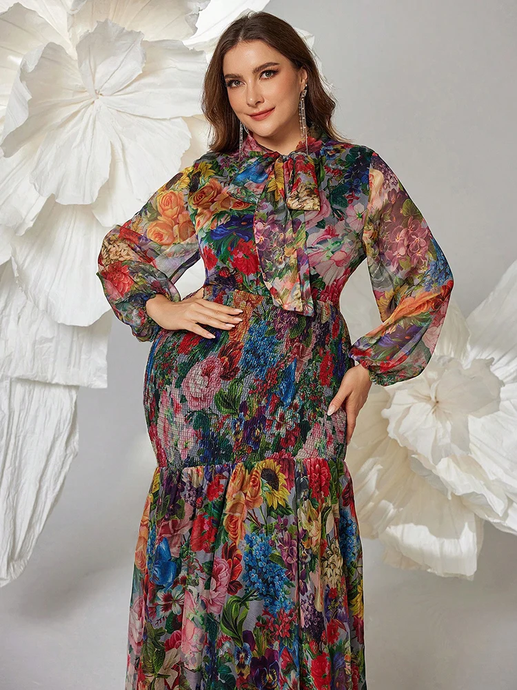 TOLEEN حجم كبير المرأة الأزهار طباعة فانوس على شكل حرف v كم فستان طويل أنيق 2025 موضة الصيف الجديدة فساتين الحفلات الرسمية غير رسمية #3