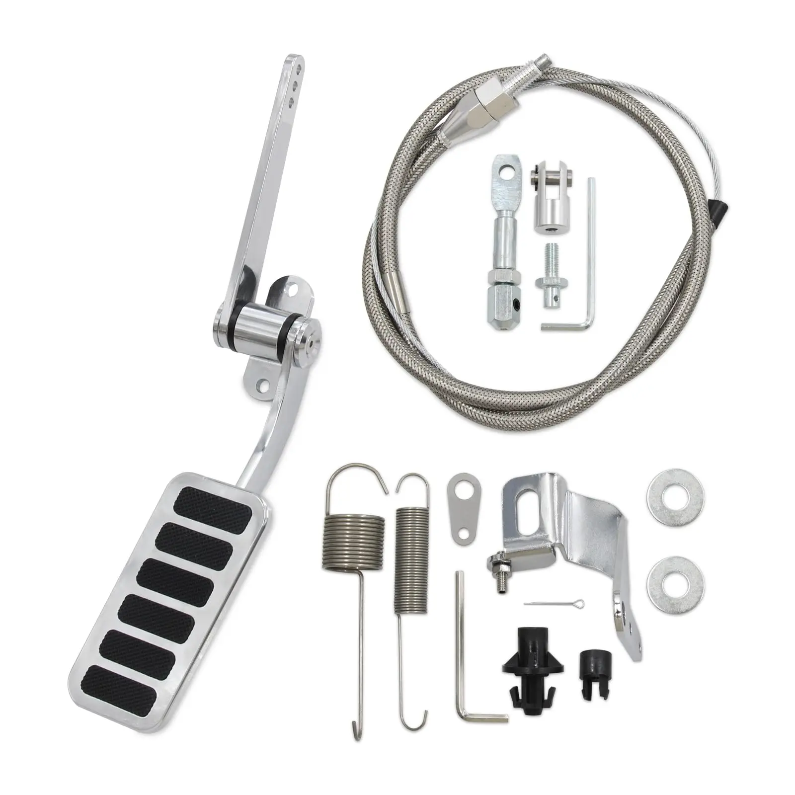 

Universal Polished Aluminum Throttle Pedal 2" X 4-1/2" Stainless Steel Braided 36" Throttle Cable 24" Sleeve Cable&Carb Bracket