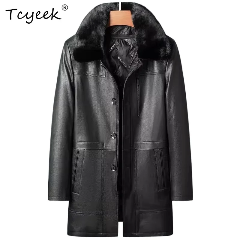 

Tcyeek Верхний слой из козьей кожи на белом утином пуху Осень-зима Высококачественная черная мужская куртка средней длины с лацканами из натуральной кожи 가죽 자켓
