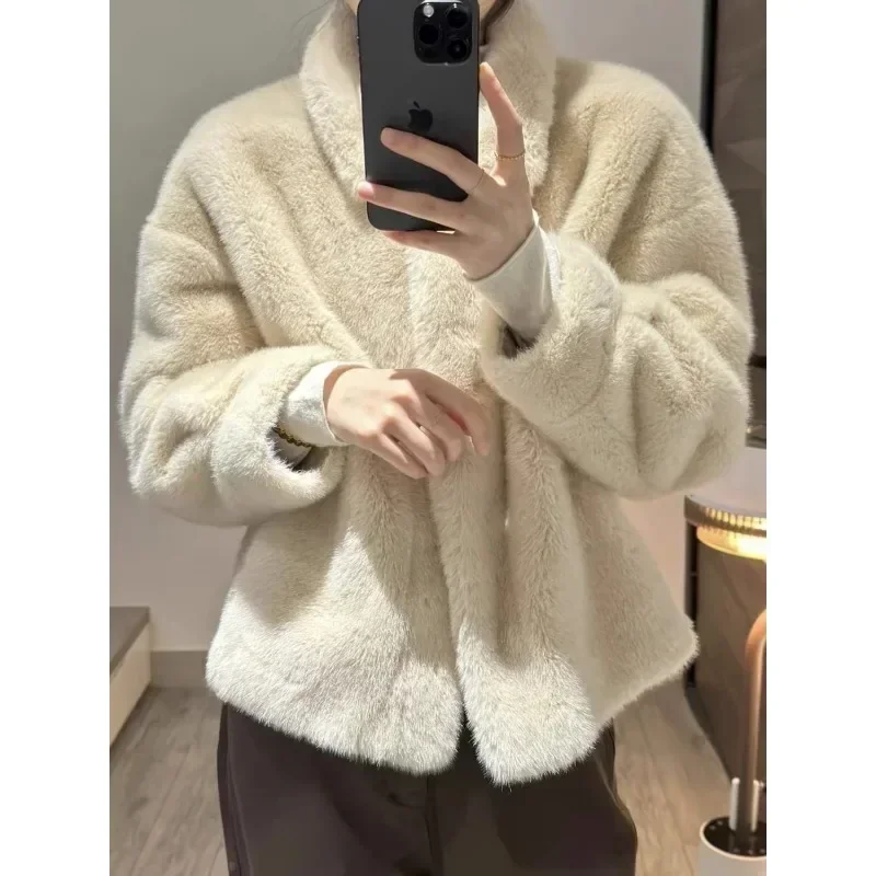 2024 Winter women\'s faux fur coat Women imitation fur jacket short stand-up collar Outwear Thick Warm sweater N1018-3