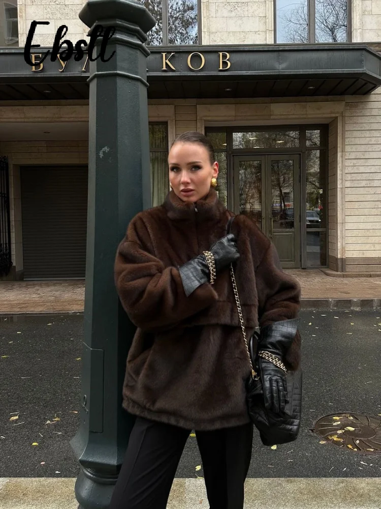 Gezellige namaakbont halve rits jassen dames losse opstaande kraag grote zak jas met volledige mouw 2026 lente nieuwe dame casual streetwear