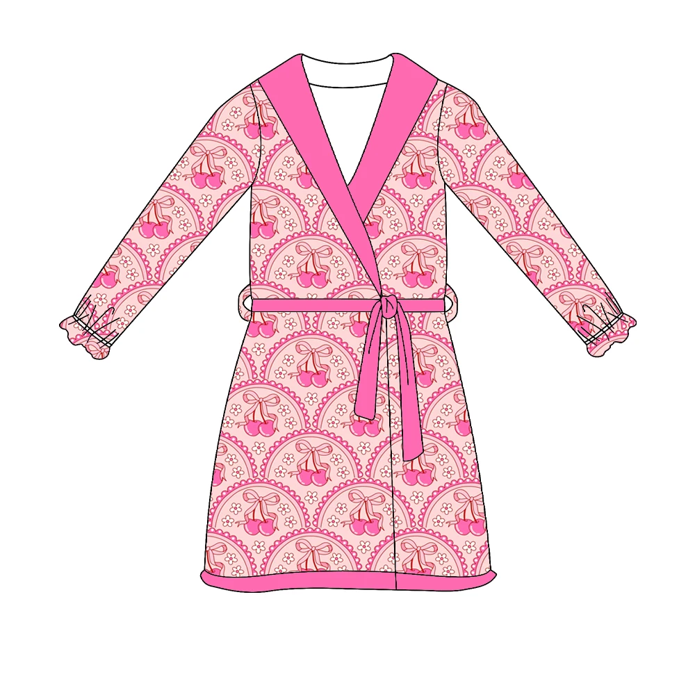 Boutique children's girl's robe and pajamas set Collared short-sleeved shorts shells and cherries Printing series custom wholesa