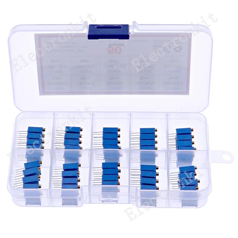 

50Pcs 3296W Multiturn Trimmer Potentiometer Kit High Precision Variable Resisto 500Ω 1kΩ 2kΩ 5kΩ 10kΩ 20kΩ 50kΩ 100kΩ 200kΩ 1MkΩ