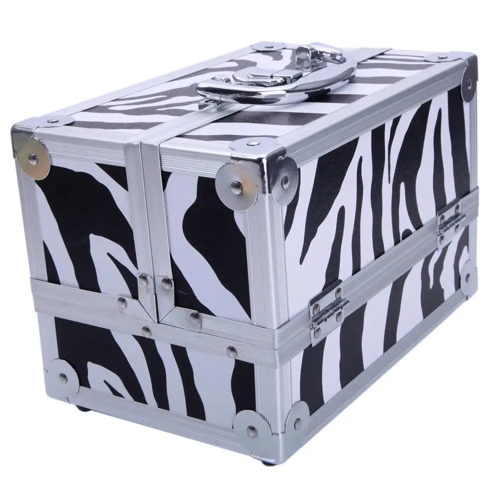 SM-2176  Zebra Aluminum Makeup Train Case Jewelry Box Cosmetic Organizer with Mirror - 9x6x6
