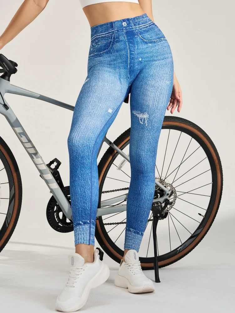 High Elastic Simulated Denim Yoga Pants High Waist Hip Lifting Tight Leggings Comfortable Skin-friendly Fitness Running Pants