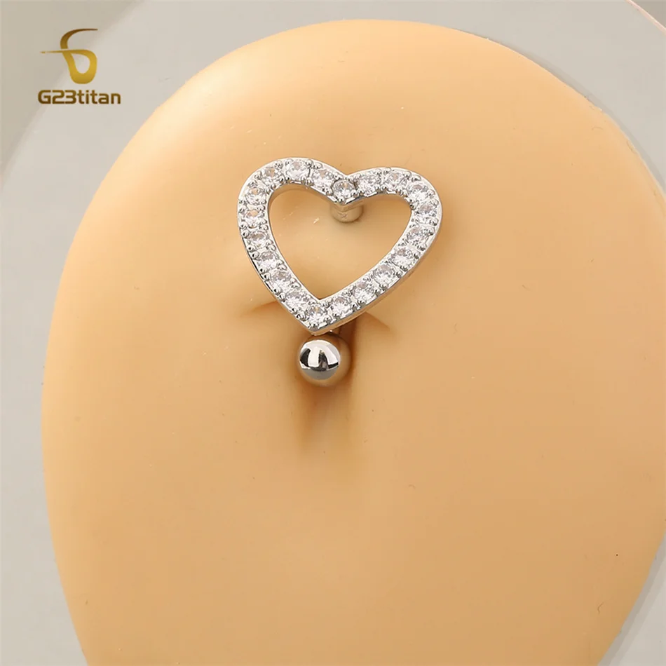 G23 titan 6-16mm 14G Titanium Bar Reverse Belly Ring Silver Color White Crystal Heart Round Moon Flower Navel Piercing Jewelry