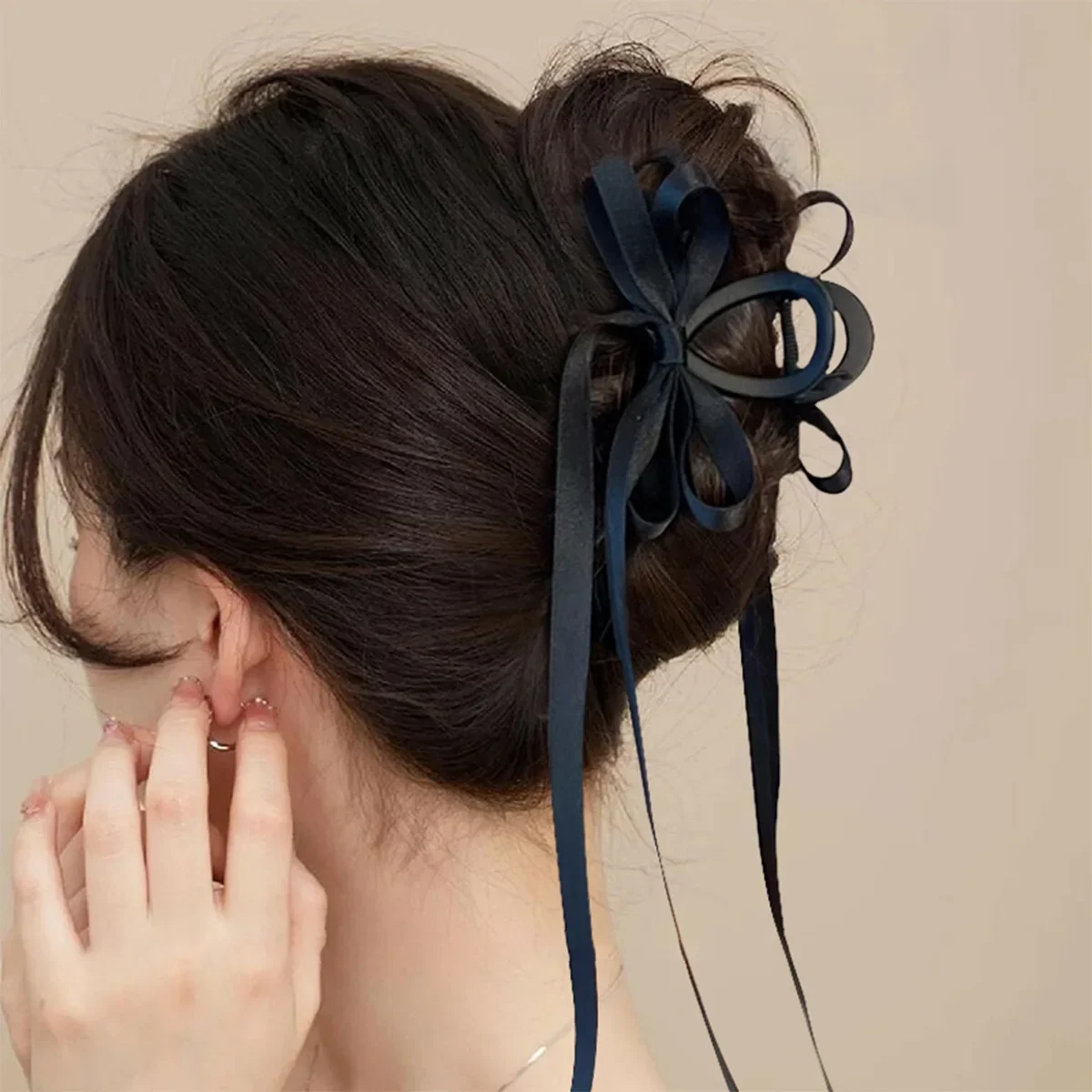 Black Bowknot Hair Claw Sweet Silk Ribbon Bow Hairpin Bang Clip Korean Girls Fashion Grab Clips Female Headwear Hair Accessories