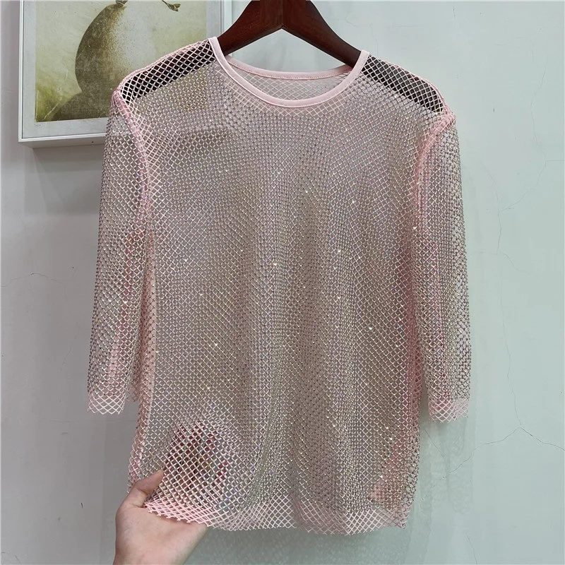 Chic Ins European French Bling Luxury Diamond Mesh Tops Sexy Ladies Pullovers Celibrity High Street Long Sleeves Women Blouses