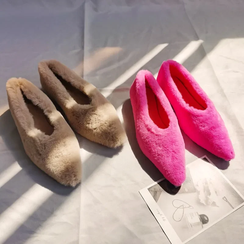 Fashion Pointed Toe Fur Ballet Flats Woman Winter Warm Plush Shallow Loafers Ladies Concise Furry Solid Mocasines Dress Shoes