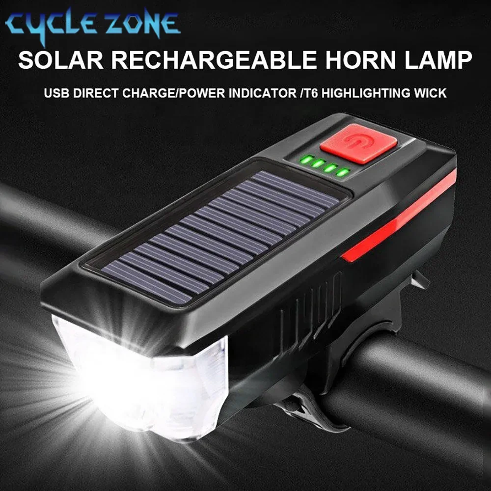

Solar USB Rechargeable Bike Light - MTB Front Lamp with Power Display & Horn, Bright Flashlight for Road Cycling Safety