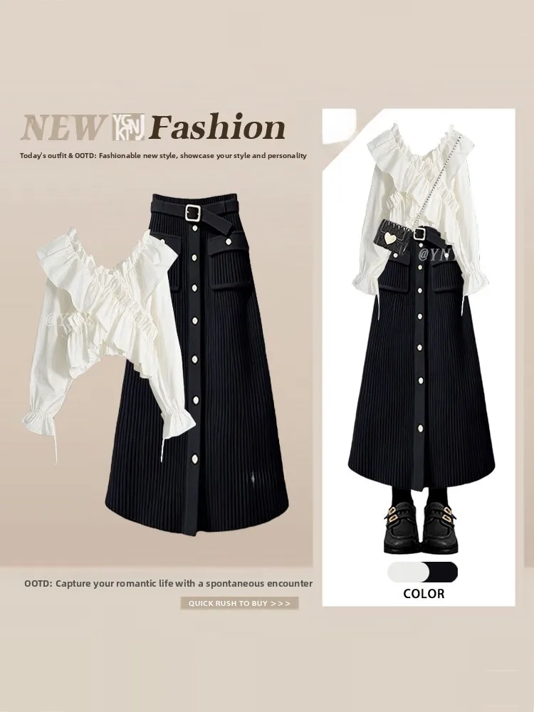 

Simple Sle Spring Set Women's irt with Lace Hem Vintage Buttons A-Line Skirt Two-Piece Suit High Waist Midi Skirt