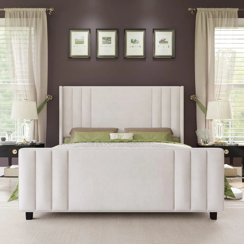 Large Velvet Upholstered Platform Bed Frame, Vertical Channel, Tufted Headboard and Tailboard, Mattress Base with Wooden Slats