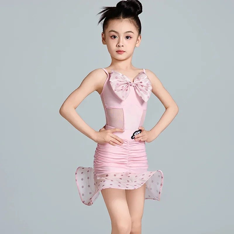 

Pink Latin Dance Suit Girl Summer Dancing Performance Stage Wear Polka Dot Ruffle Skirts Set Cha Cha Rumba Practice Costume