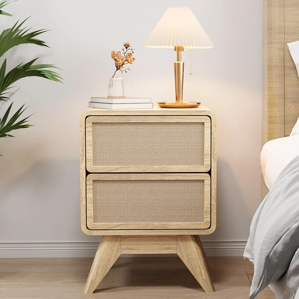 

Modern Night Stand with 2 Drawers, Wood Bedside Table Boho Nightstand with Linen and Solid Wood Legs, Edge End Table Side Table