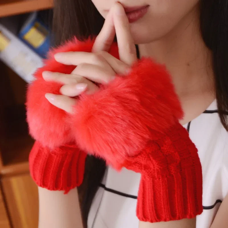 Women Winter Plush Knitted Woolen Gloves Keep Warm Half Finger Mittens Fashion Casual Soft Girls Clothes Punk Gothic Gloves