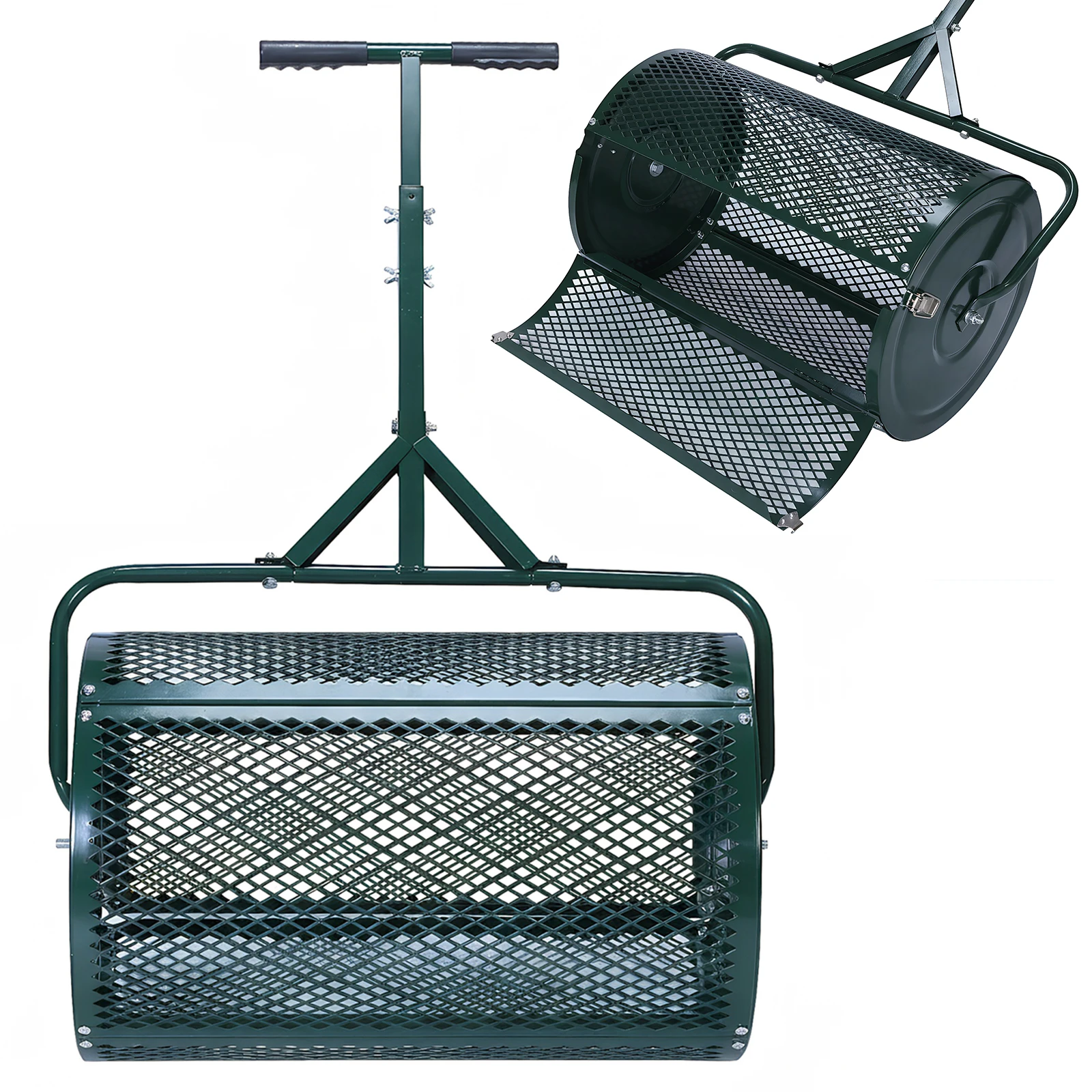 

23.6 Inch Heavy-Duty Peat Moss Spreader Height Adjustable Handle Mesh Lawn Roller with Side Latches for Spreading Manure Topsoil