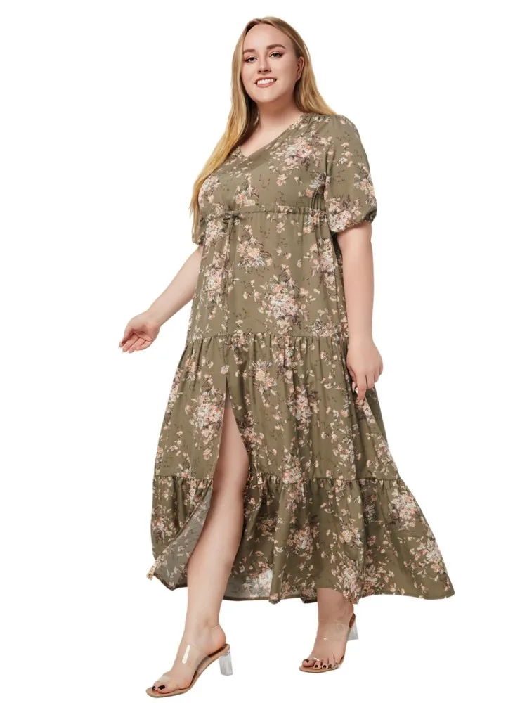 Plus Size Summer Flower Floral Print V-Neck Dress Women Ruffle Pleated Modis Split Ladies Dresses Loose Casual Woman Long Dress