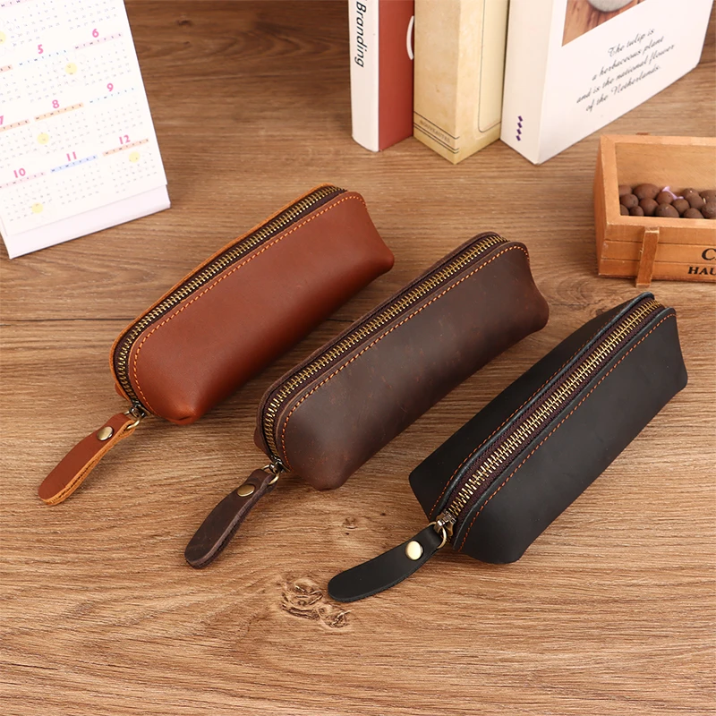Saco De Lápis De Couro Simples, papelaria Hoder, Pen Case, Saco De Armazenamento, Bolsa De Zíper, Caixa De Óculos, Material Escolar