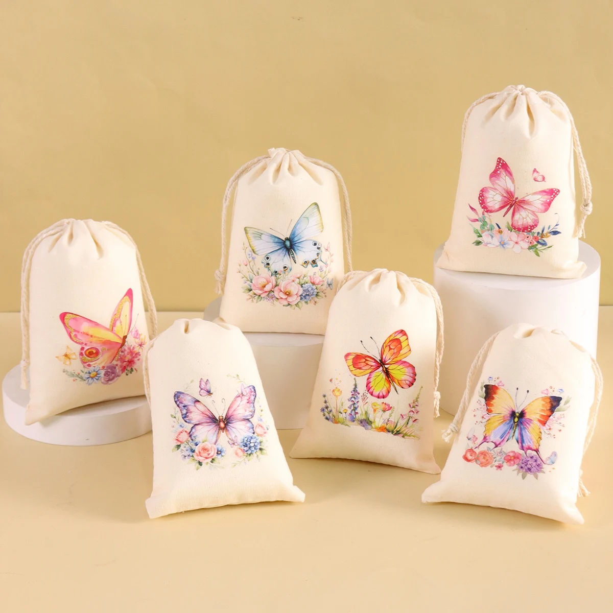 6pcs Mixed Butterfly Cotton Drawstring Bags Spring Holiday Gift Bags Candy Bags Birthday Wedding Party Needs