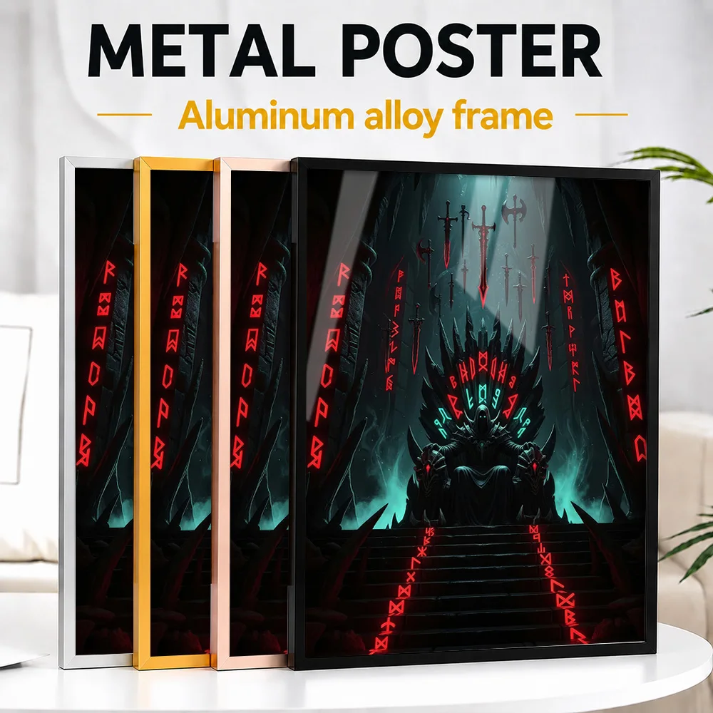Dark Throne With Swords And Runes Framed Metal Print Customized Graphic Tribute Wall Art For Collectors Decorating Living Room
