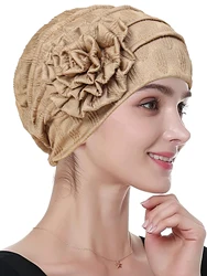 Fashionable Women's Solid Color Hijab Muslim Ladies Turban Bonnet Flower Decor Ramadan Head Wrap Head Scarf Indian Hats