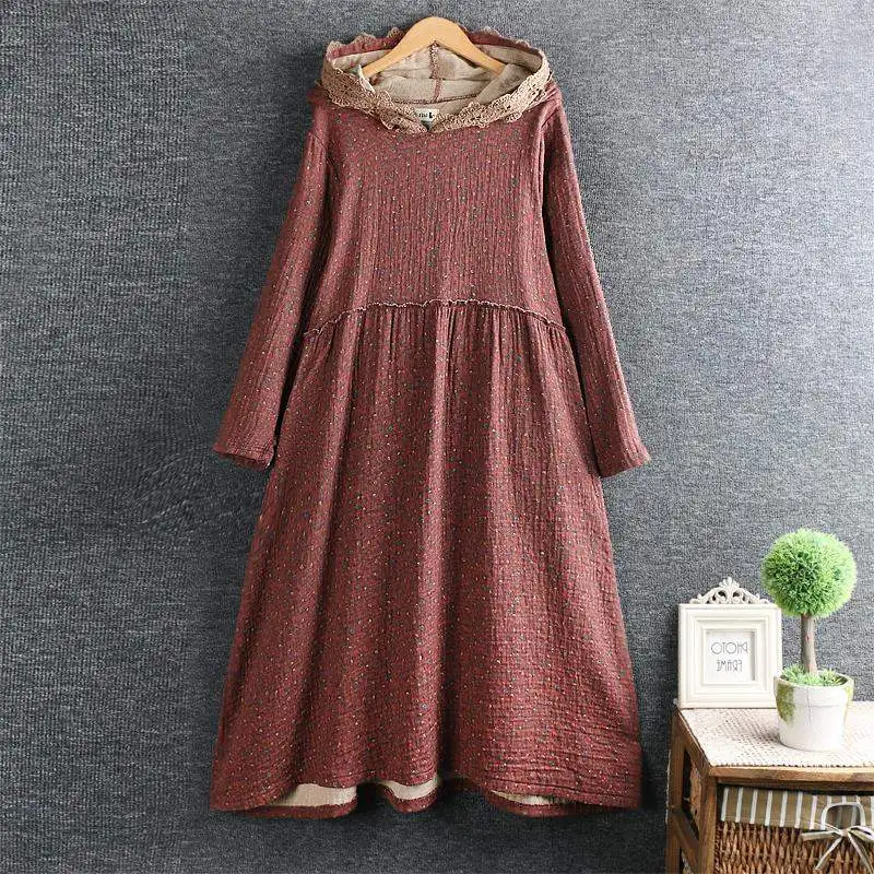 New Vintage Hooded Long Sleeved Floral Dress Women Loose Casual Dresses Mori Girl Cotton Linen Spring Autumn Tunic Dress