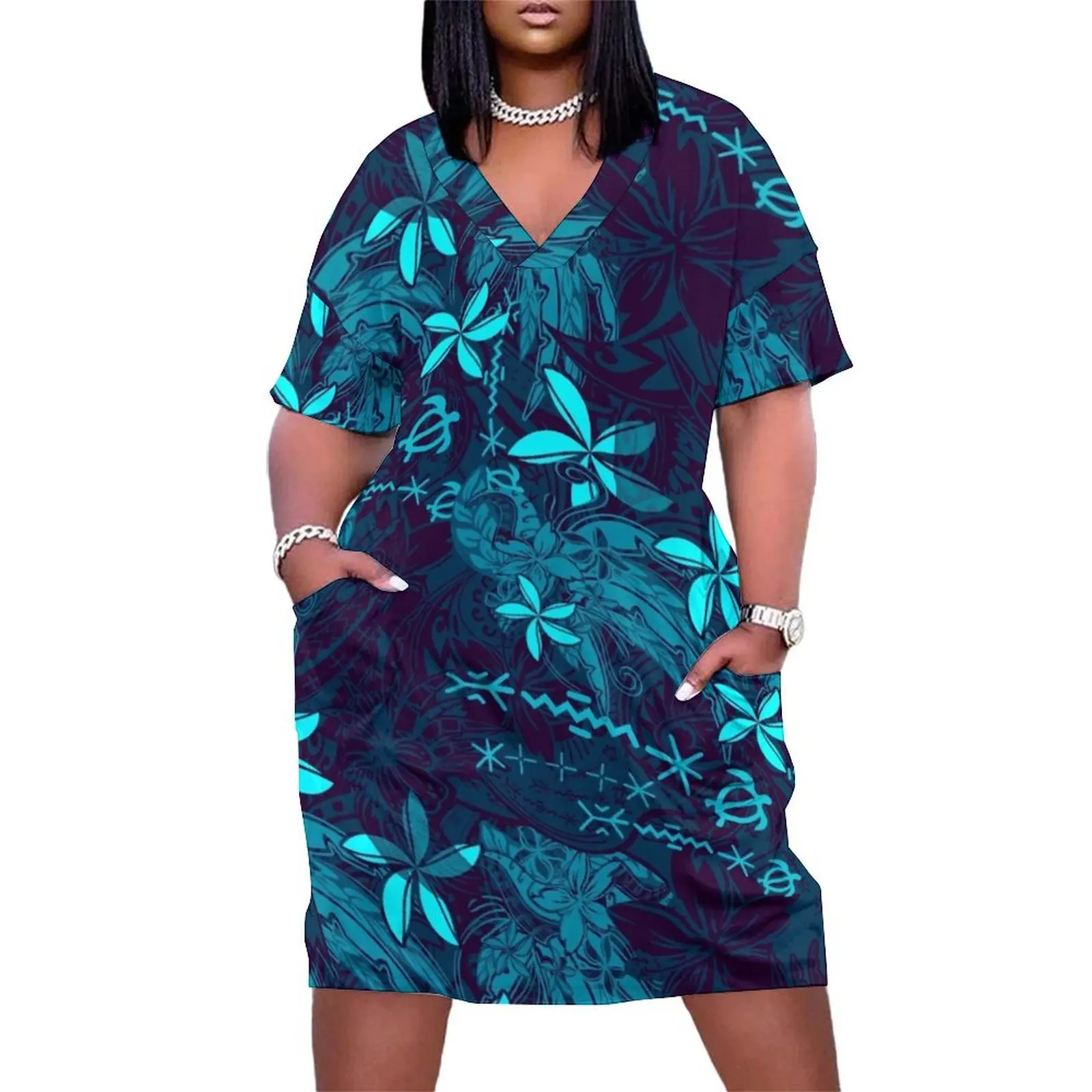 

Polynesian Teal Tribal Leaf And Floral Printed Loose Pocket Dress elegant dress Female dress summer clothes