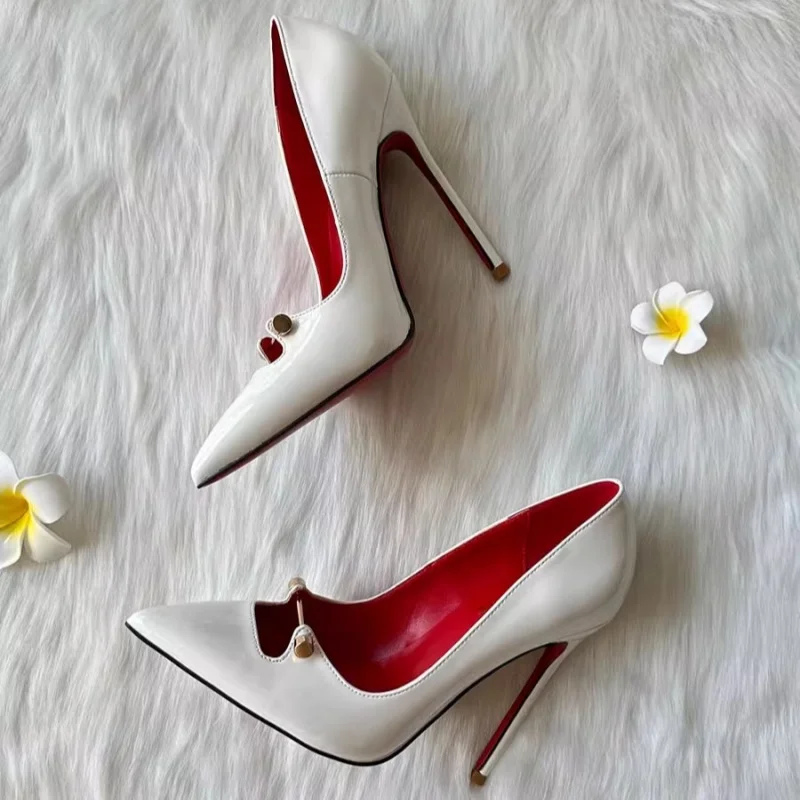 Spring and summer pointed shallow patent leather rivet sexy single shoes thin high-heeled banquet dress large size women\'s shoes
