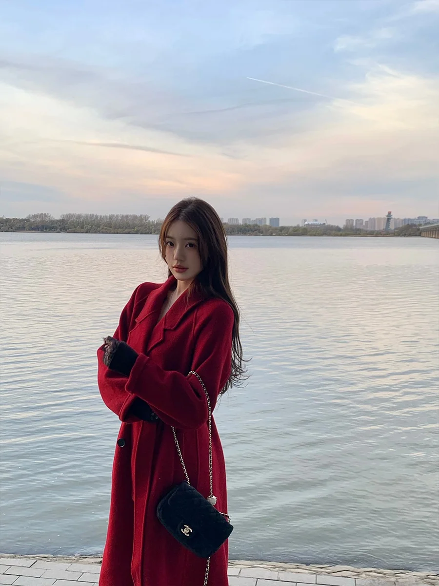 

Achi 00 Wool Red Double-Faced Coat Women's Mid-Length Belted Australian Merino Wool Camere Coat Turn-down Collar Outerwear