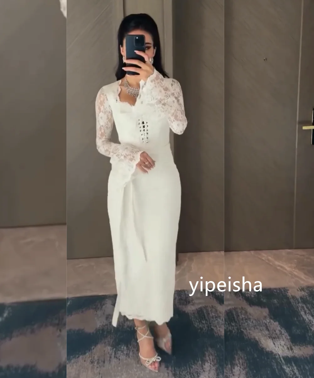 Customized Intricate Lace Sheath V-neck Midi Dresses Prom Classic Exquisite Modern Style Pastrol Unisex Chinese Formal