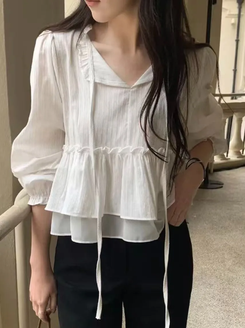 

Loose Korean Style Long Sleeve Double Layered Chiffon Top with Wood Grain Bow Tie Versatile Ageless Women's Fashion