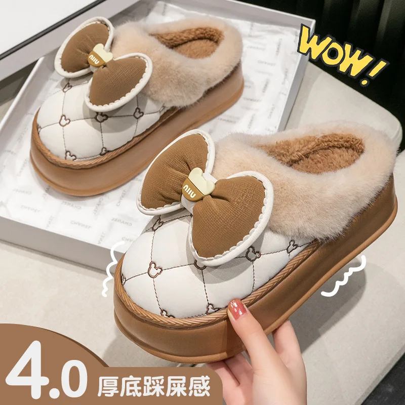 Super Warm Cold Proof Soft Home Slippers Cotton 4CM Thick EVA Sole Shoes Sweet Comfortable Antislip