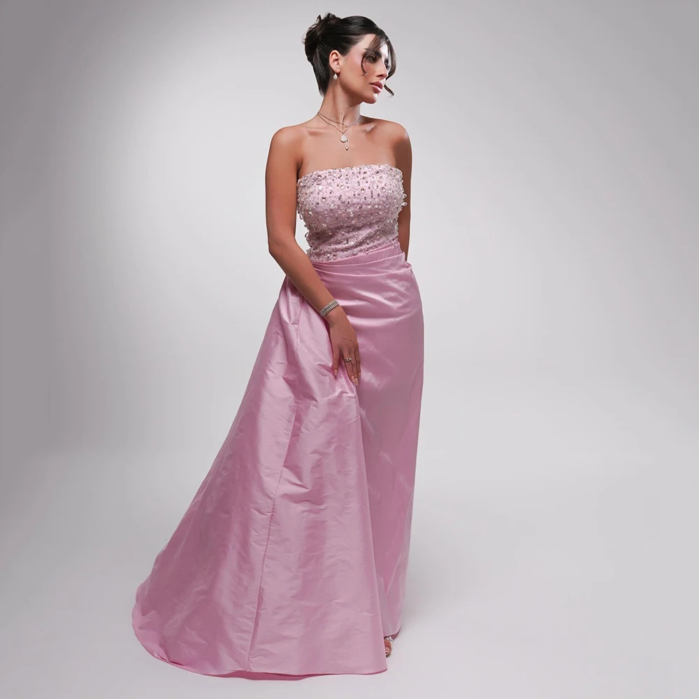 

Customized Strapless Pink Satin Evening Dress Sleeveless With Crystal Staright Party Dress Sweep Train Ankle Lenght Prom Gown