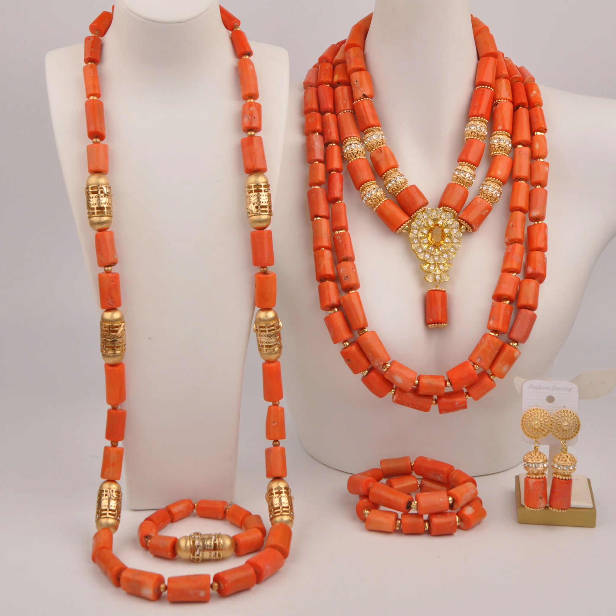 

Nigerian Orange Original Coral Jewelry Set for Couple African Wedding Jewelry Sets