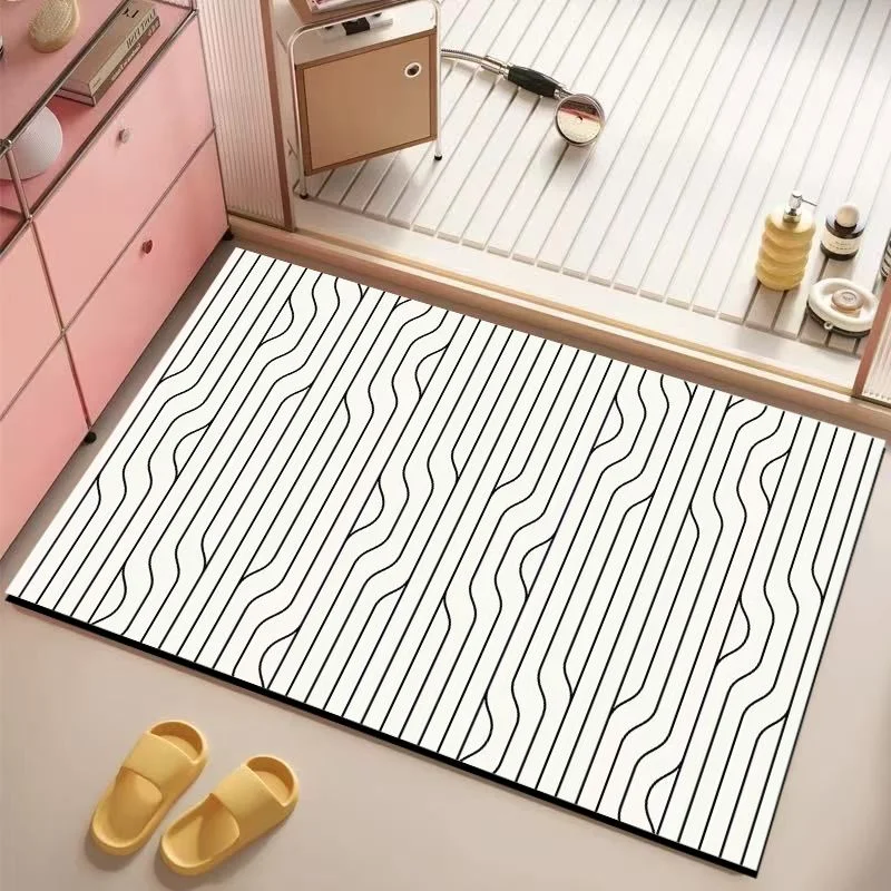 VIKAMA Wavy Line Geometric Bath Mat Anti-Slip Water Absorbent Bathroom Floor Rug Neutral Minimalist Modern Shower Entryway Mat