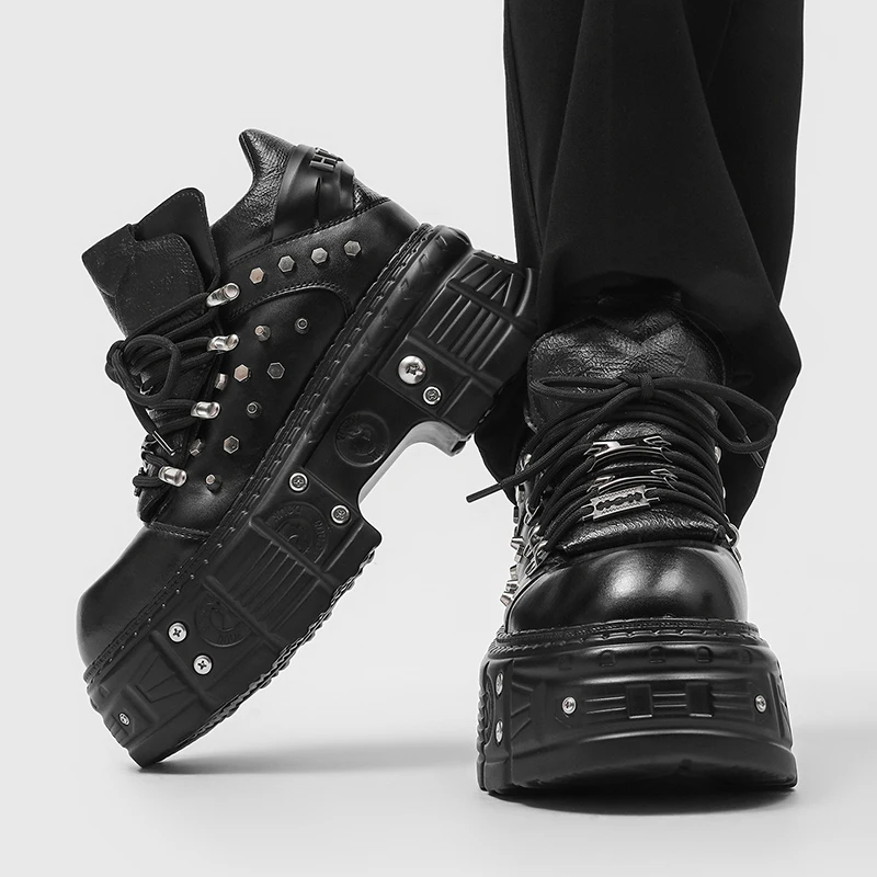 

Men's Black Punk Rivet Platform Shoes Genuine Leather Height Increasing Boots Metal Studs Thick Sole Elevator Casual 2026