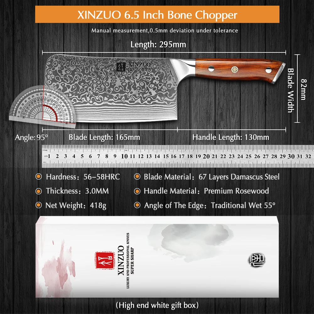 XINZUO 6.5\'\' Chopper Bone Knife Damascus Steel Kitchen Cutlery Chop Bone Fish Slicing Chinese Cleaver Meat  Nakiri Chef Knife