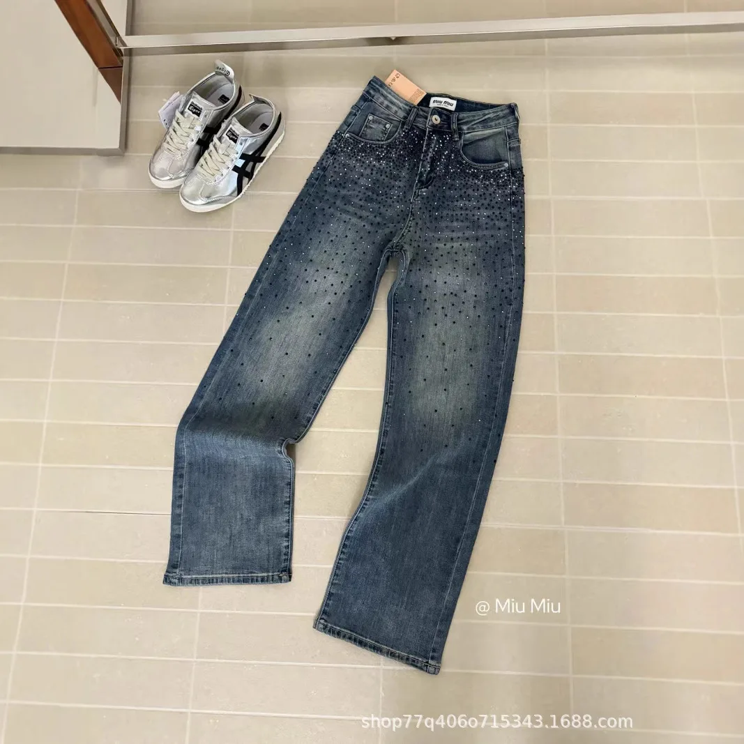 

Women Jean High Waist Straight Jeans Washed Distressed Denim Pants Ankle Length Trousers Solid Loose Spliced Diamonds Basics