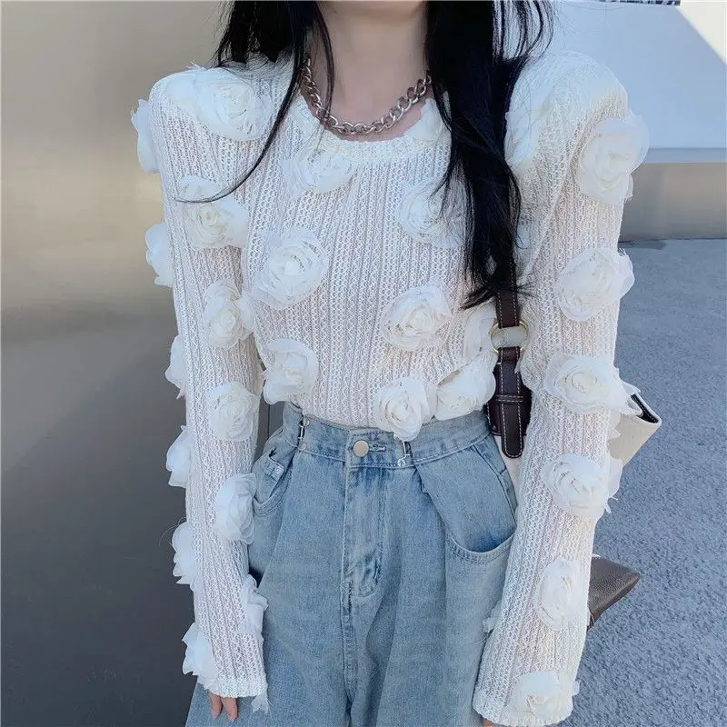 2024 New Lace Slim Hollow Out Long Sleeve Bottom Top Spring Autumn O-Neck Fashion Crop Top Tee All-match Trend Tshirt Pullovers