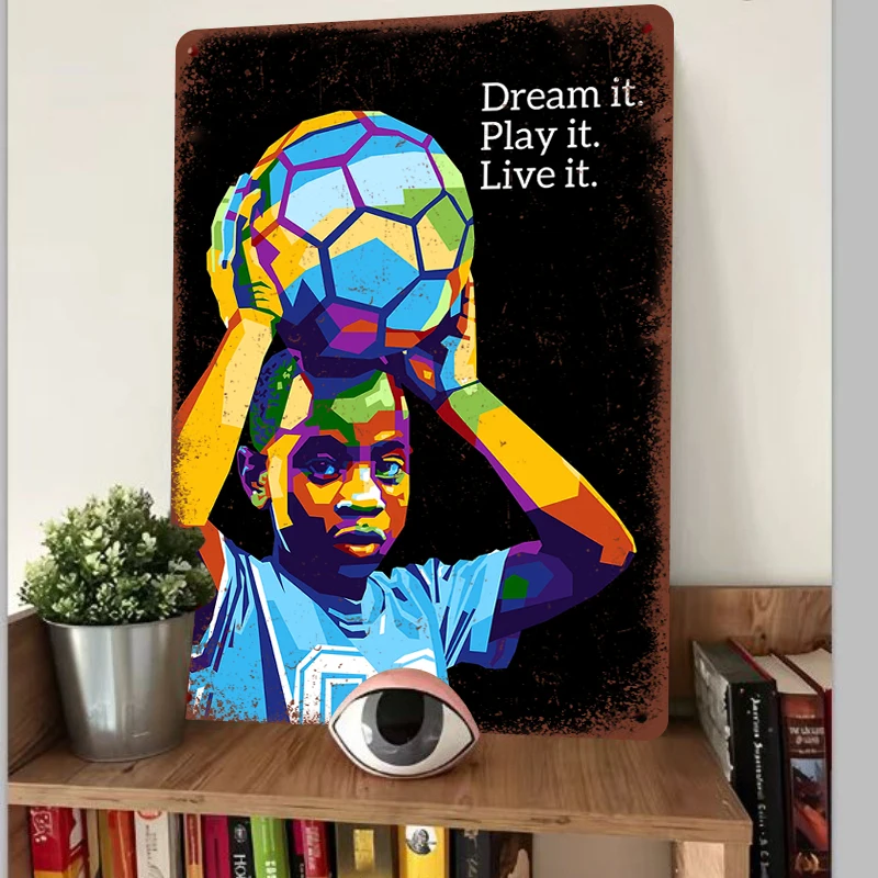 Soccer Boy Inspirational Metal Wall Art Modern Living Room Decor Kids Bedroom Sports Theme Decoration Painting