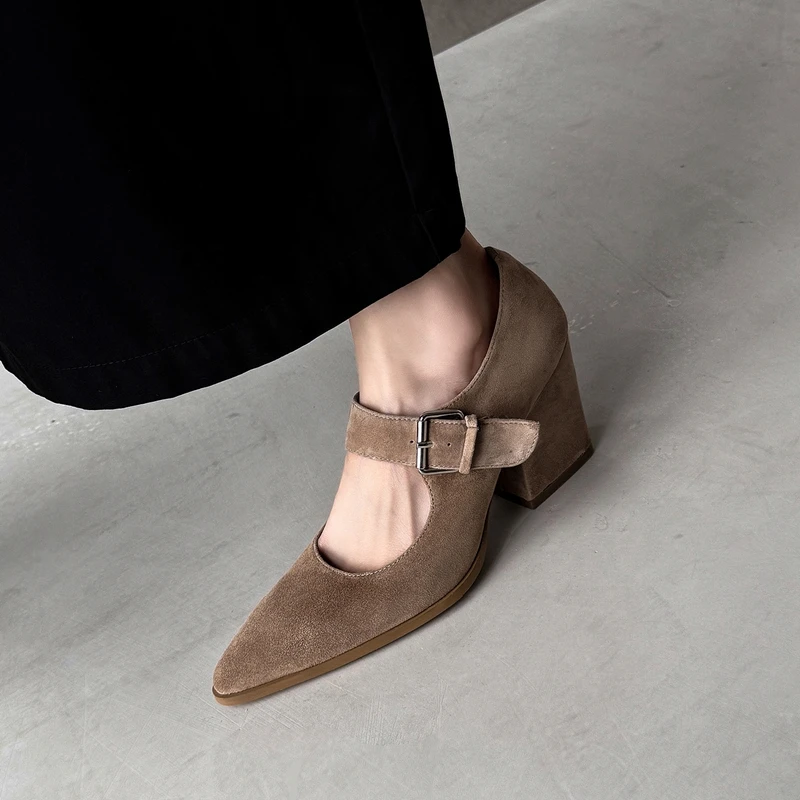2026 New Spring/Autumn Women Pumps Genuine Leather Buckle Mary Jane Women Shoes Pointed Toe Super High Heels Modern Ladies Shoes