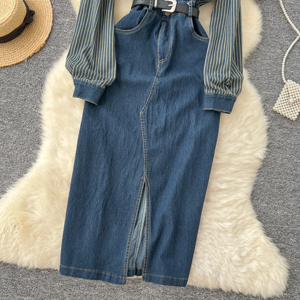 Women Long-sleeved Denim Dress Design Sense Niche Long-Sleeved Striped Splicing Lapel Metal Buckle Waist Slim Split Jeans Dress