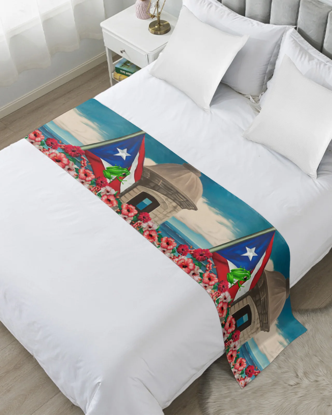 Puerto Rico Flag Hibiscus Flower Bedspreads Bed Runner Bed Flag Scarf for Home Hotel Decor Bedding Single Queen King Bed Cover