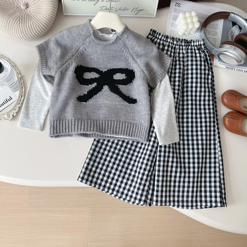 

Children's Set New Autumn Girls Cute Stylish Bowknot Sweater Knitwear Plaid Pants Retro Three-Piece Set