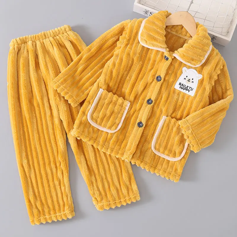Crianças outono inverno flanela macia conjuntos de pijamas quentes bebê dos desenhos animados urso lapela casaco com calças pijamas meninos meninas casual pijamas