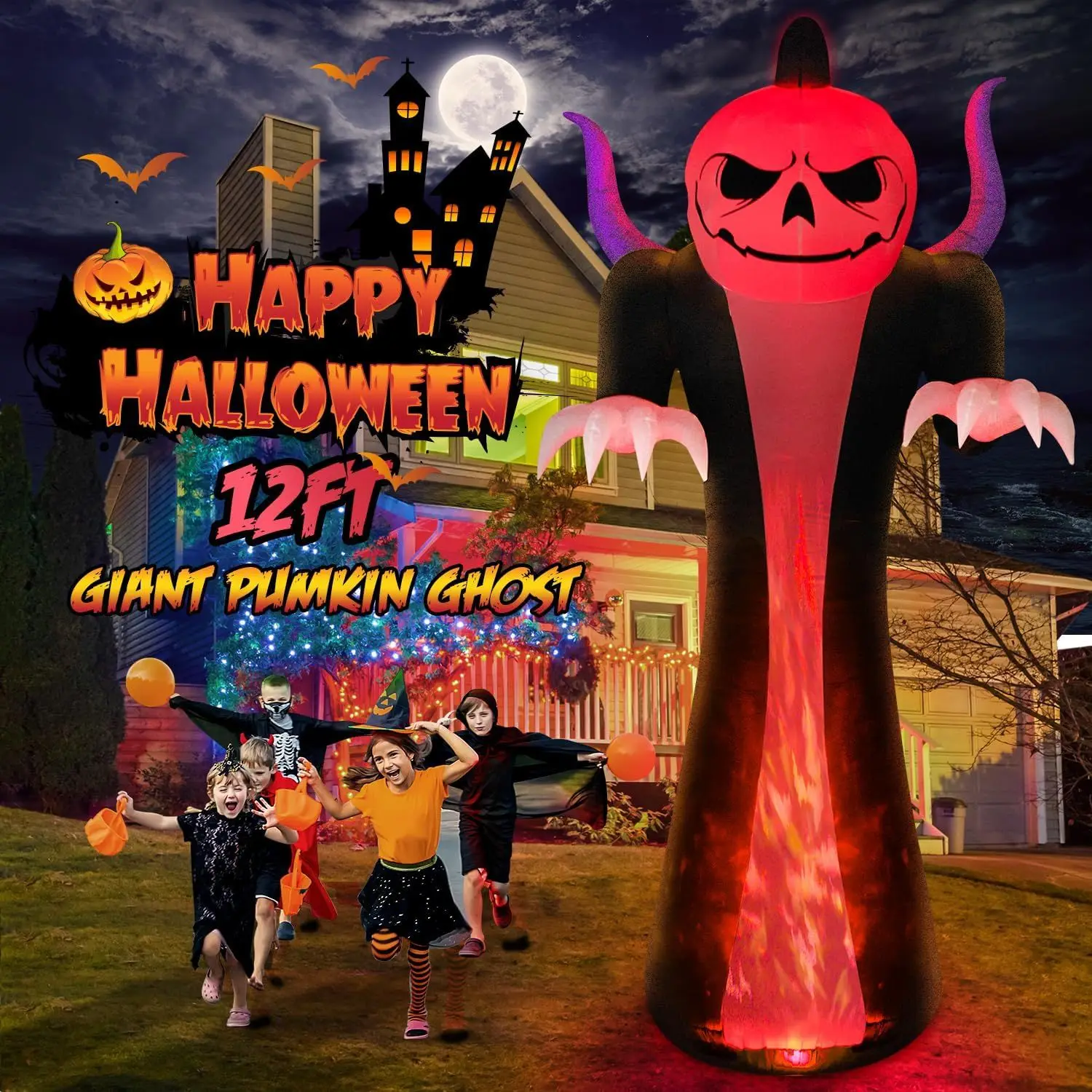 12FT Halloween Inflatables Decoration Outdoor Giant Pumpkin Reaper Ghost with 3-Colored Rotation Flame LEDs Spooky Halloween