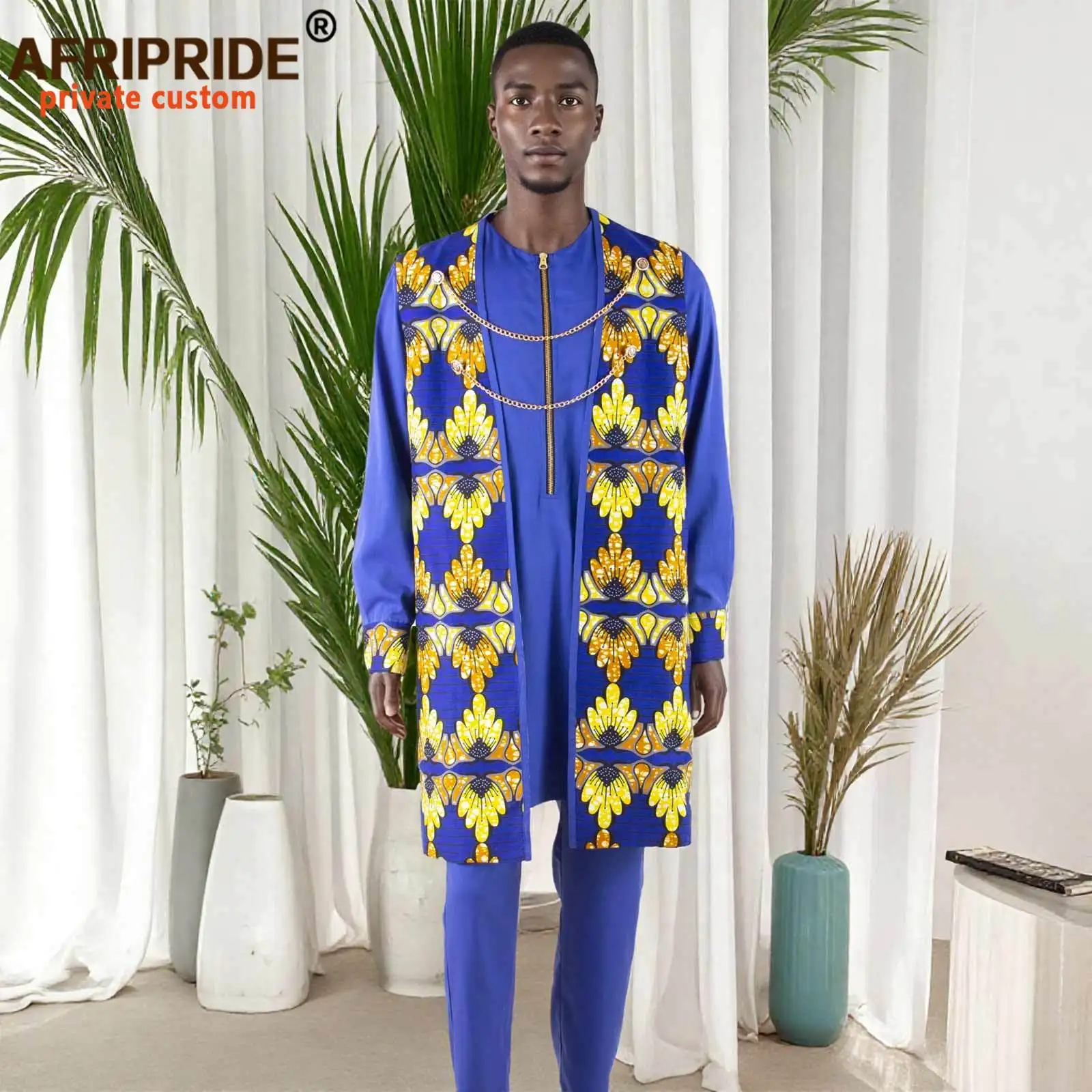 African Clothing for Men Two Chain Zip Jacket Shirts and Ankara Pants 3 Piece Set Print Outfits for Wedding Evening A2216004