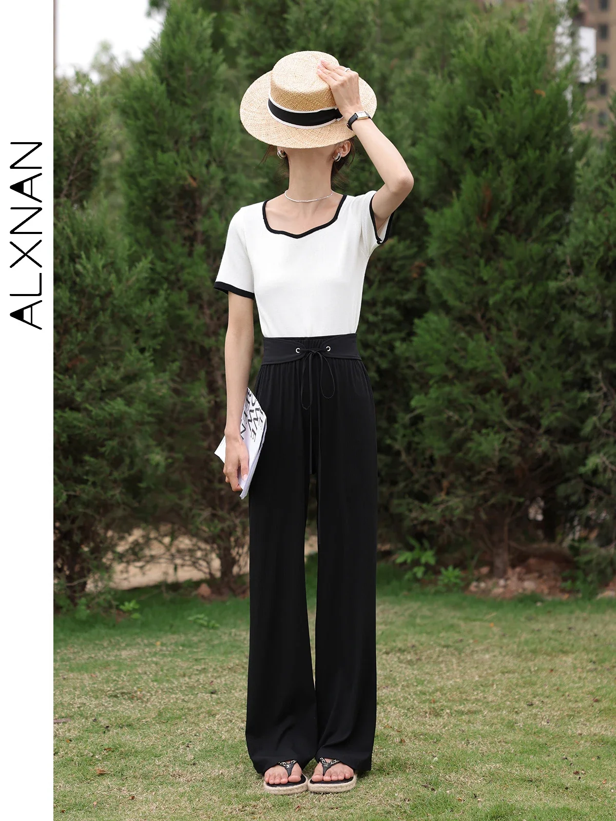 ALXNAN High Waist Casual Knitted Pant for Woman 2024 Summer Baggy Straight Pants Commuter Full Length Female Trousers LXN25338