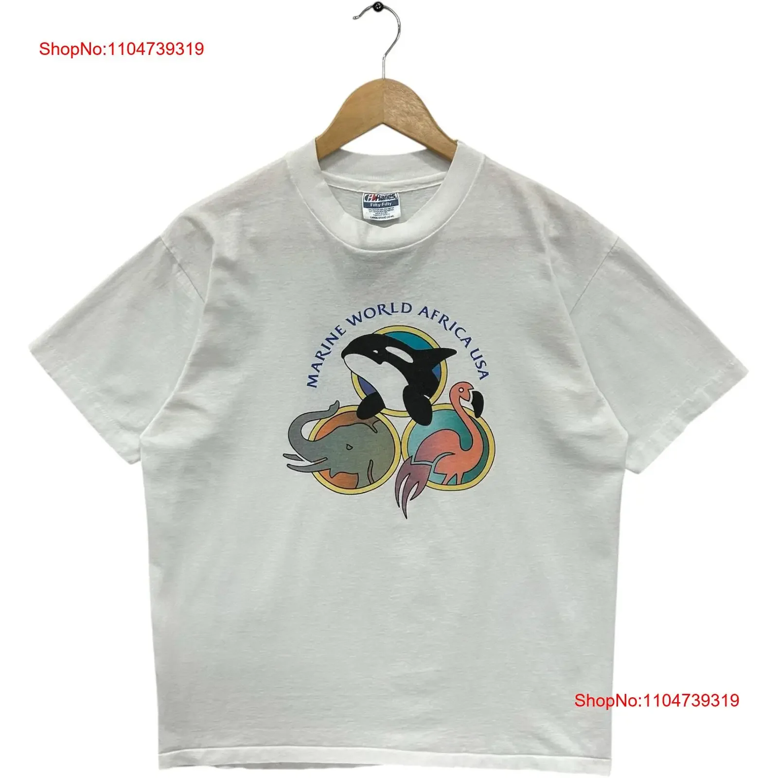 

Vintage Marine World Africa USA Chevron Animals Souvenir T Shirt Men's White L vintage Washed streetwear graphic Versatile